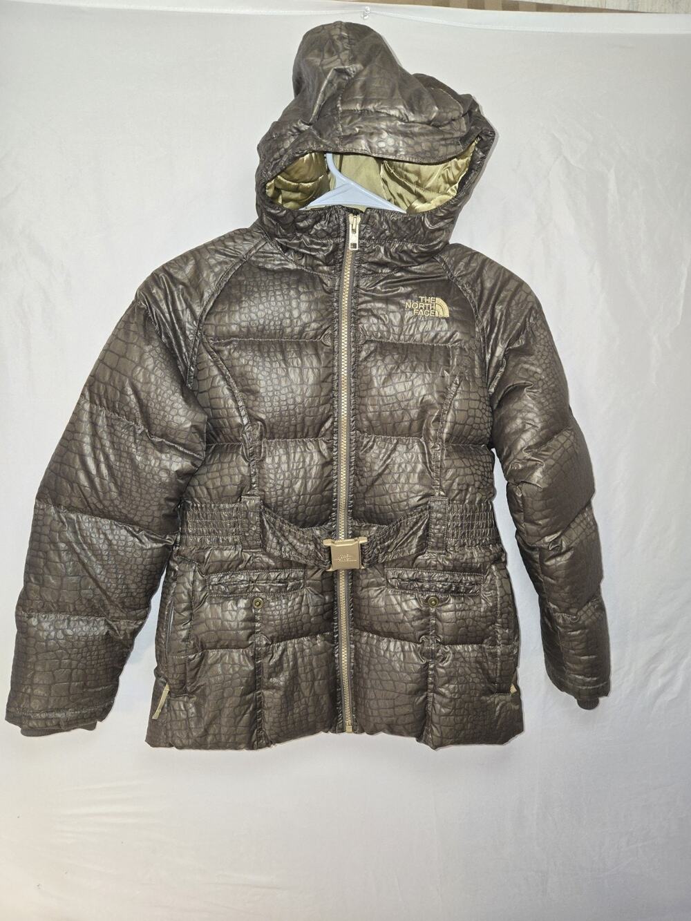 North Face Girls M 10/12 550 Down Puffer Jacket Metallic Brown Crocodile Snake